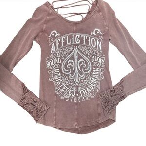 Affliction Mauve Lace-Up Graphic Long Sleeve Top